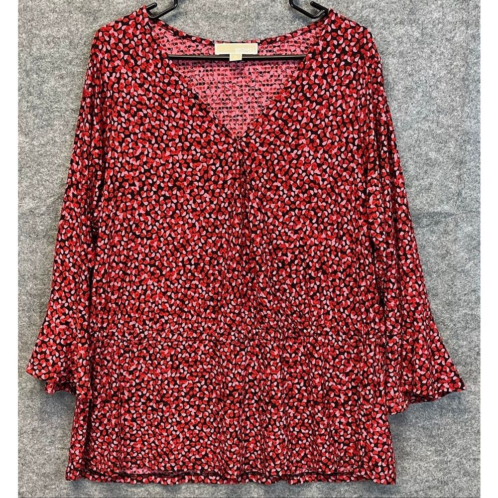 MICHAEL KORS Women Blouse 1X Red Pink Heart Print‎ Peplum V-Neck Stretch Top